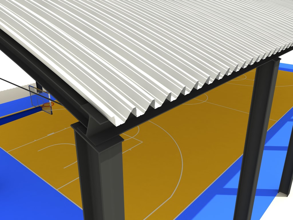 Detalle del apoyo de cubierta curvada autoportante con el perfil INCO 155.3 para pista de baloncesto o basket by INCOPERFIL