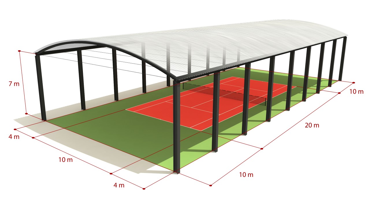 Croquis de cubierta curvada autoportante con el perfil INCO 100.3 Curvado para pista de tenis by INCOPERFIL